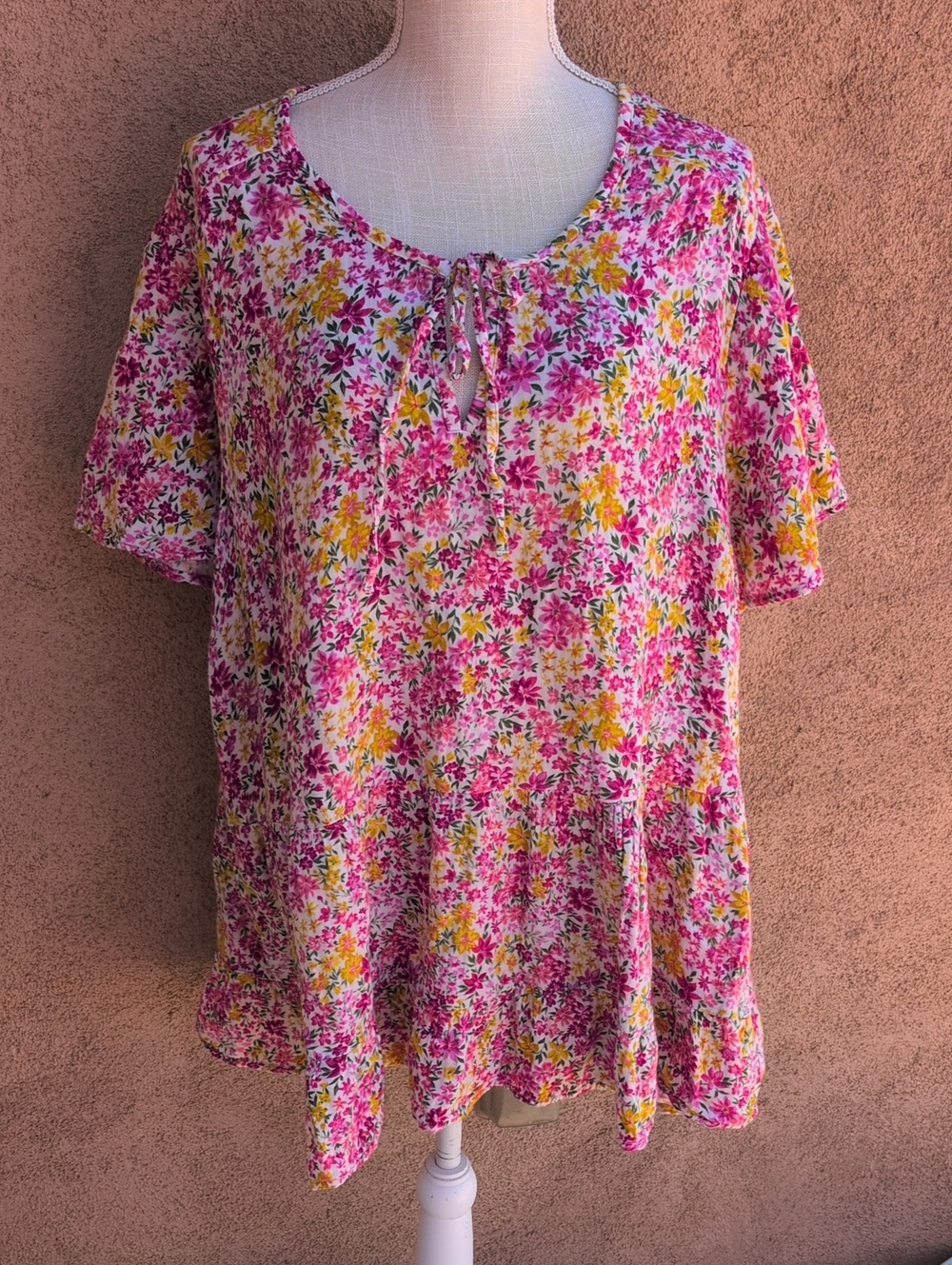 Terra Sky Ditzy Spring Floral Tiered Keyhole Tie Front Flowy Blouse Cottegecore
